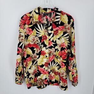 Oleg Cassini Shirt Womens Medium Floral Hawaiian Button Up Linen Casual Summer